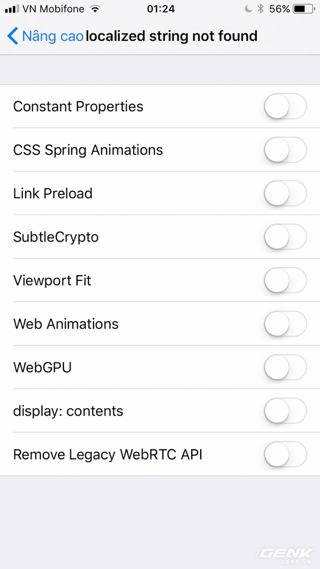Trong cài đặt Safari, có một mục mới mang tên Experimental Features (Tính năng thử nghiệm), giúp các lập trình viên thử nghiệm website của mình trên phiên bản Safari mới